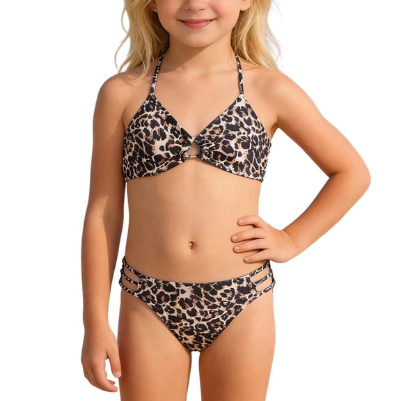 XAOFW Girl's Swimsuit Sets Leopard Print Sleeveless V Neck Top And Bottom Bikini Swimsuits Two Piece Swimwear Beach Pool Party Fashionable Cozy Bathing Suit