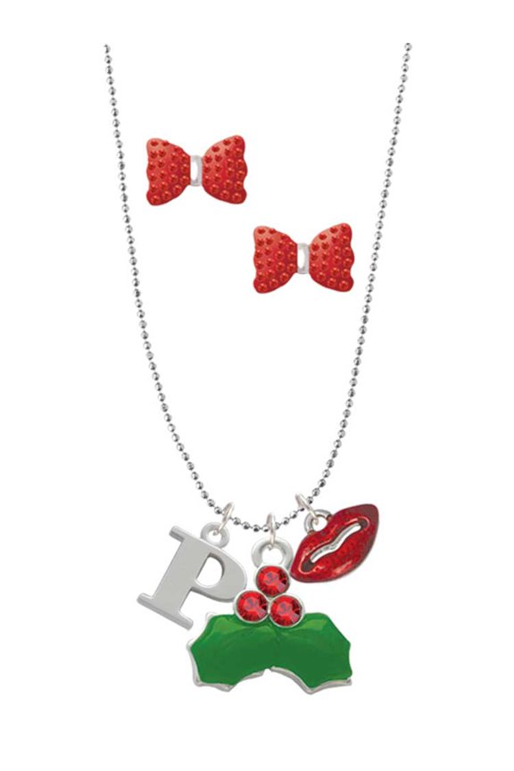 Silvertone Large Initial - P - Christmas Kiss Charm Necklace and Stud Earrings
