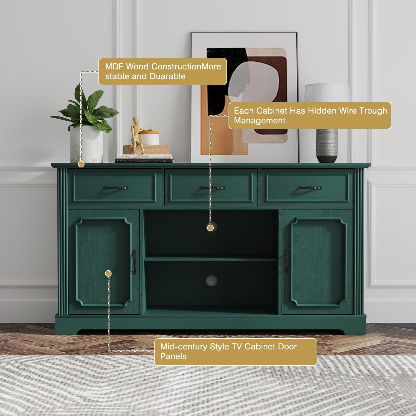 HLR Mid Century 60" TV Stand for TV up to 65", Entertainment Center with Drawers Storage for Living Room, Green