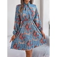 thumbnail image 5 of EASYBRAUS Women Floral Chiffon Pleated Midi Dress V Neck Long Sleeve Spring Summer Dress, 5 of 7