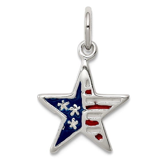 925 Sterling Silver Polished back Polished Enamel American Flag Star Pendant Necklace 11x11mm Wide Pendant for Women