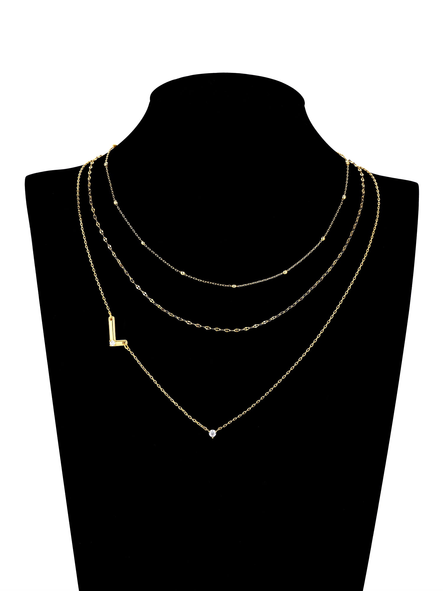 Believe by Brilliance L Triple Chain Initial Necklace Set in 14KT Gold Flash Plated Brass