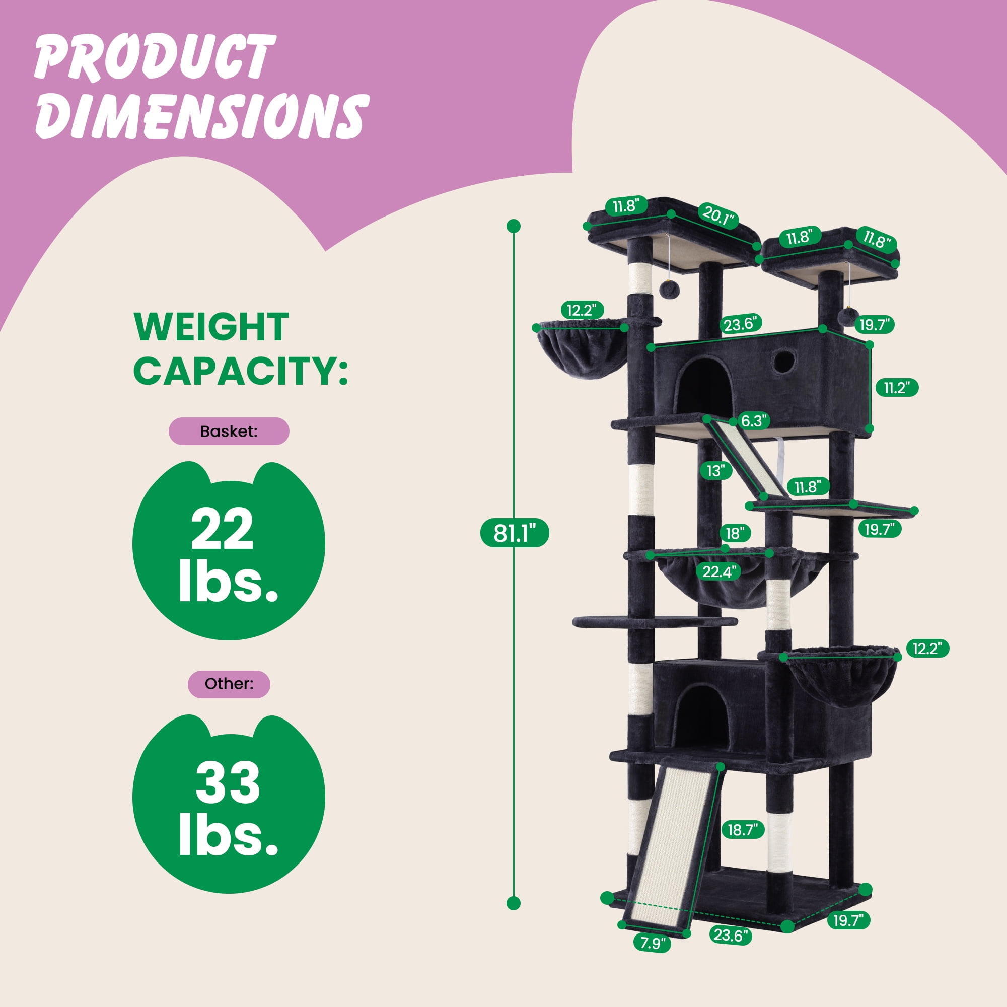 Merrland 81" Multi-Level Large Cat Tree Tower for Indoor Kittens, Cat Condo with Hammock & Sisal Scratching Posts, Blue