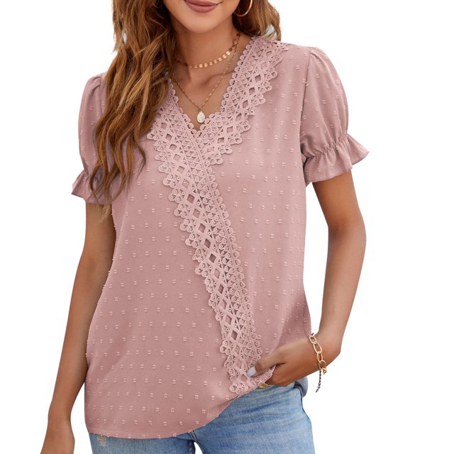 Guardurnaity Camisa de manga corta para mujer con cuello en V Tops de verano con blusa de encaje Suministros Ropa, zapatos y accesorios Miscelánea Rosa oscuro L