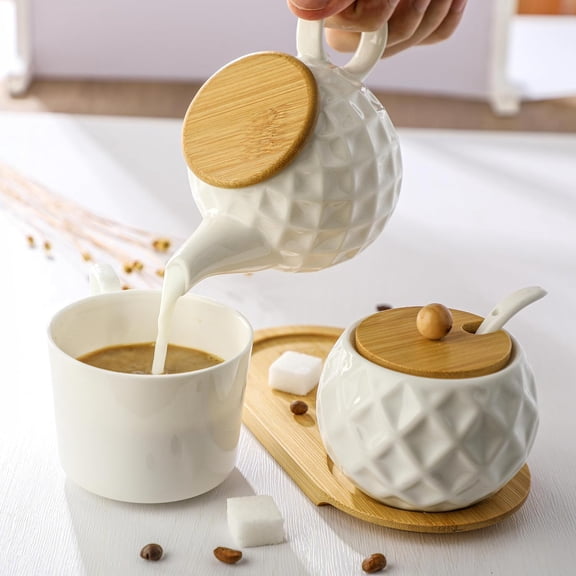 Ceramic Creamer and Sugar Sets with Tray, Spoon and Lid for Cream, Sugar, Spices and Condiments