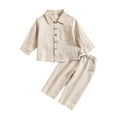 thumbnail image 4 of Baozhu Toddler Baby Boys Spring Autumn Cotton Linen Outfits Set Long Sleeve Button Shirts Tops + Drawstring Long Pants Kids 2Pcs Clothes,6M-4T, 4 of 12