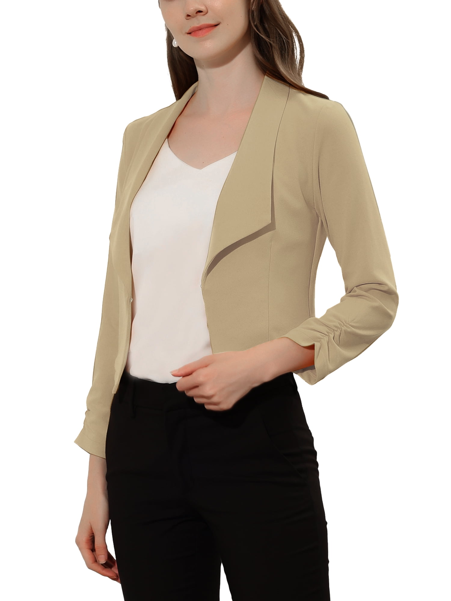 DARING DIVA Women's Notched Lapel Ruched Sleeve Crop Blazer M Khaki