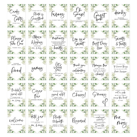 Koyal Wholesale Minimal Foliage Greenery Wedding Signs Bundle 30-Set for Ceremony, Reception Decor Signage, 8.5 x 11