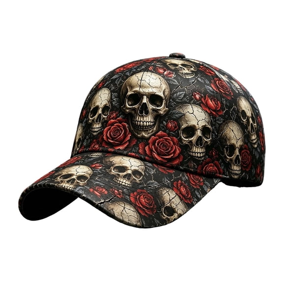 OOOUM Men Women Halloween Baseball Hat Skull Flower Print Adjustable Vintage Sun Hat Hop Streetwear Sports Casual Dad Hat Red