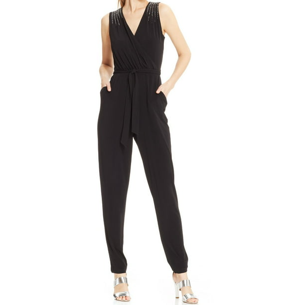 Calvin Klein Sleeveless V- Neck Embellished Belted Jumpsuit Black Medium -  