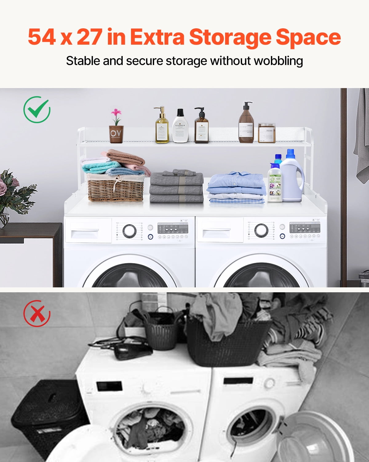 VEVOR Washer Dryer Countertop with 2-Tier Shelf, 54" x 27" Wooden Washer and Dryer Countertop with Anti-Slip Pads, Water-Resistant Laundry Topper Cover for Laundry Room Organization and Storage,White