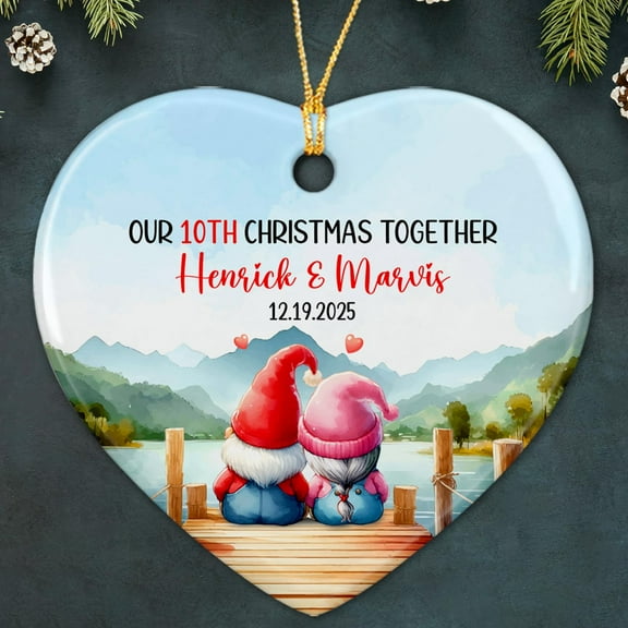 Personalized Our 10th Christmas Together Ceramic Ornament 2025, Customized Date & Names Couple Gnomes Xmas Ornament Gift for Wedding Anniversary, Mr & Mrs Gnome 10th Xmas Together Ceramic Ornament