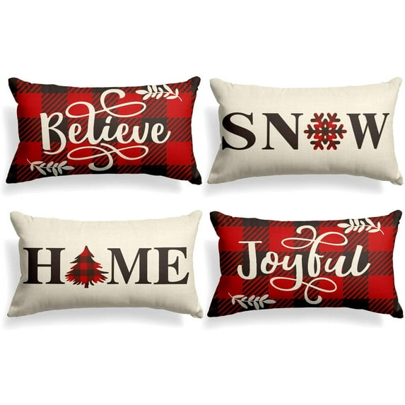 AVOIN colorlife Buffalo Plaid Believe Joyful Christmas Pillow Covers, 12 x 20 inch Rectangle Winter Red Holiday Cushion Case Farmhouse Style Decoration for Sofa Couch Set of 4