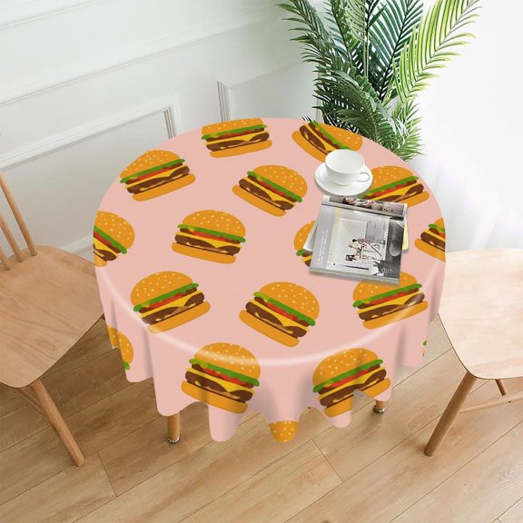RKSupls 60 Inch Round Tablecloth, Cheeseburger Pattern Pink Premium Polyester Straight Edge Wrinkle Resistant Washable Table Cover for Party Home Dining Decor