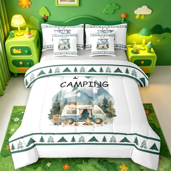 Catabedysis Watercolor Camping 7-Piece Twin Bedding,Camper Mountain Print Bedding Comforter Set For Boys,Multicolor,Light Gray Reversible