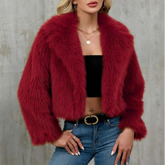 fall jackets,Wine Womens Faux Fur Coat Cropped Fluffy Shaggy Jacket Long Sleeve Lapel Winter Furry Coat Outwear