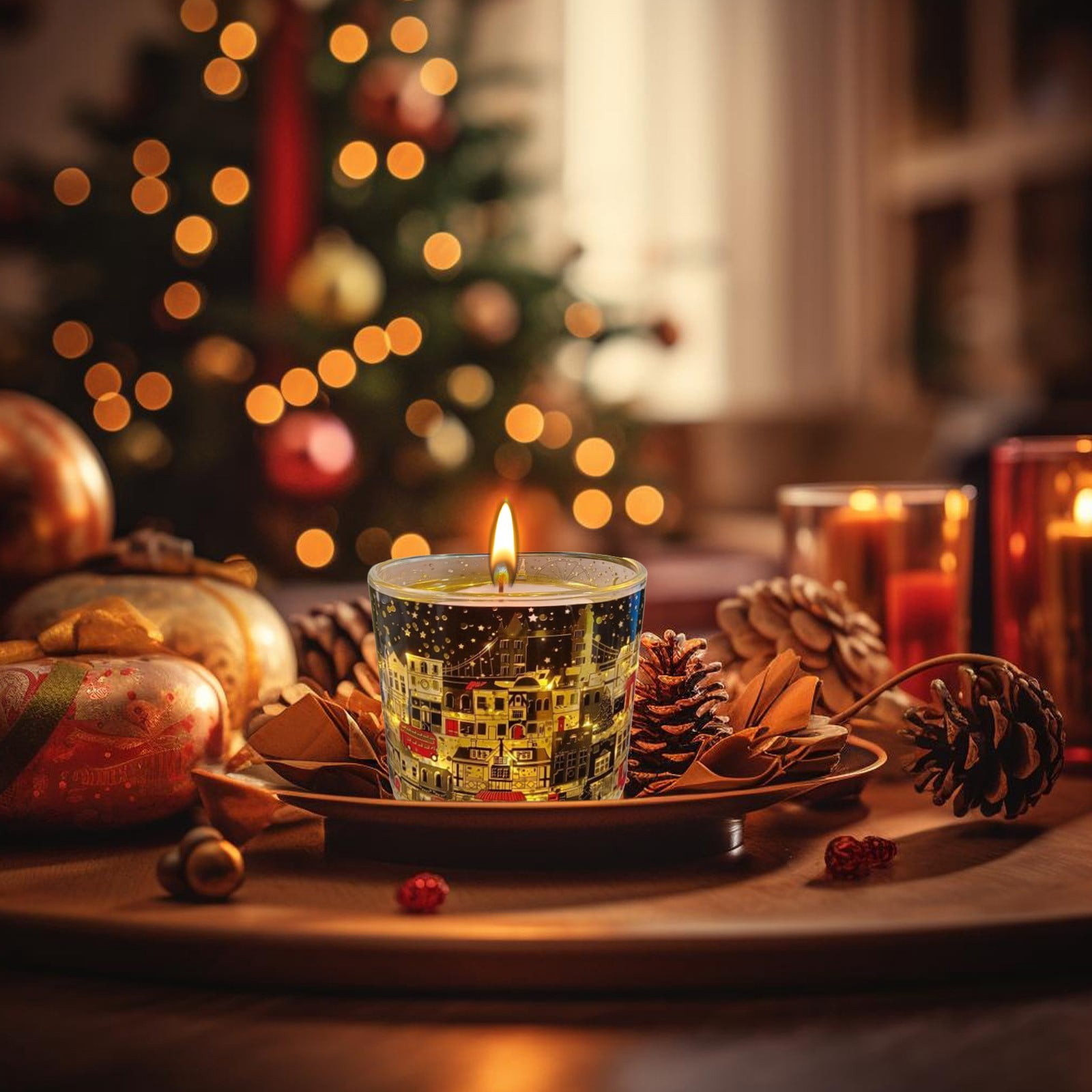 Hometravel Christmas Scented Candle Gift, Glass Jar with Light Sensor and Heat Reactive Wax, London Street Design for Home, Xmas Tree, Women's Present