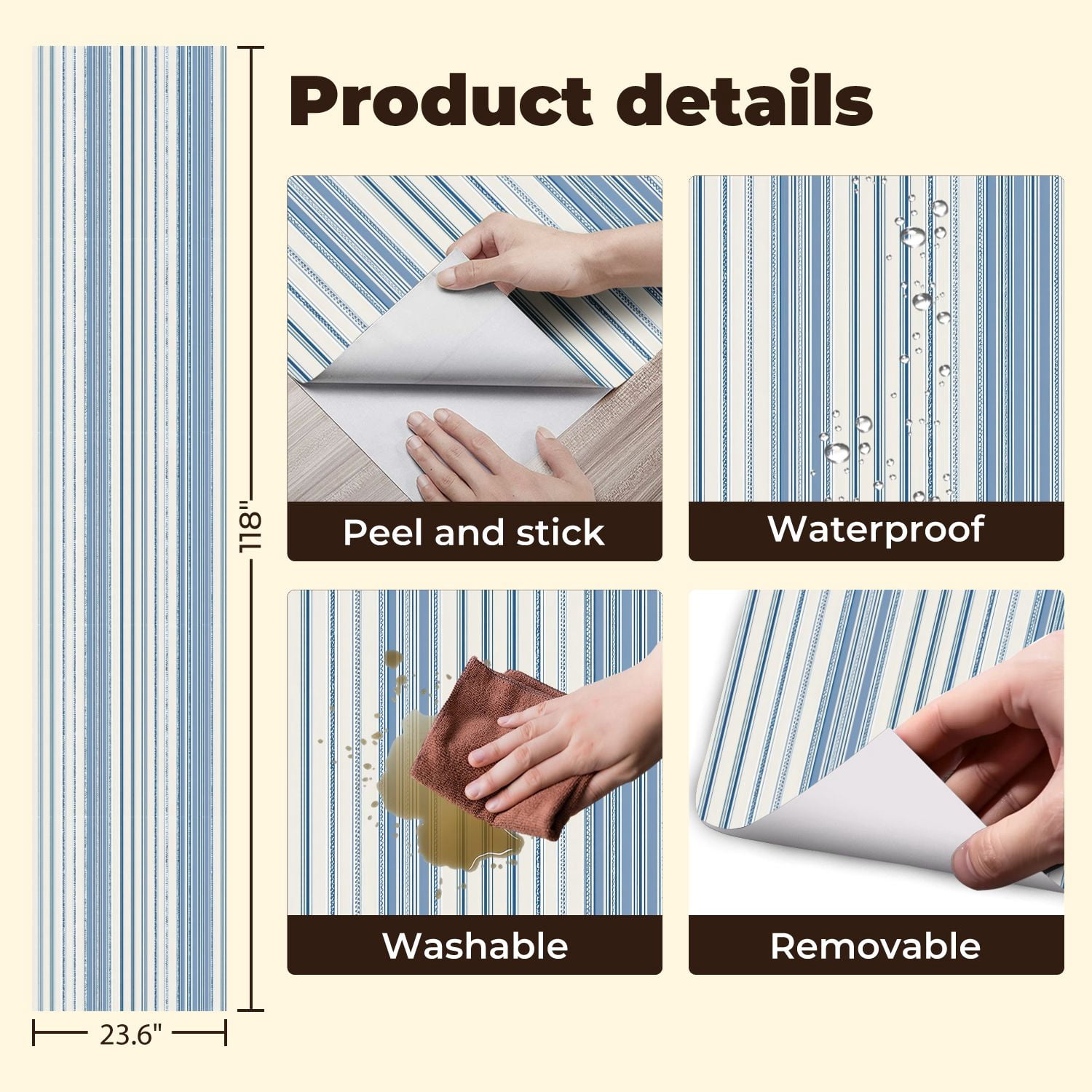 Peel and Stick Wallpaper Blue White Vertical Striped Minimalist Classic Wall Mural 23.6in x 9.8ft Self Adhesive Removable Wall Paper Renter Friendly Wallpaper for Bedroom Studio Lake House
