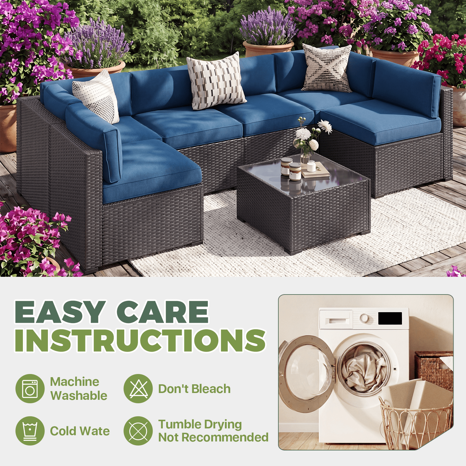 BaPiPro 14 Pack Navy Blue Outdoor Patio Sofa Cushion Replacement Covers, Fade‑Proof, Waterproof & Zippered, Wear‑Resistant, Stain‑Resistant Easy‑to‑Clean Slipcovers for Rattan Sectional Furniture