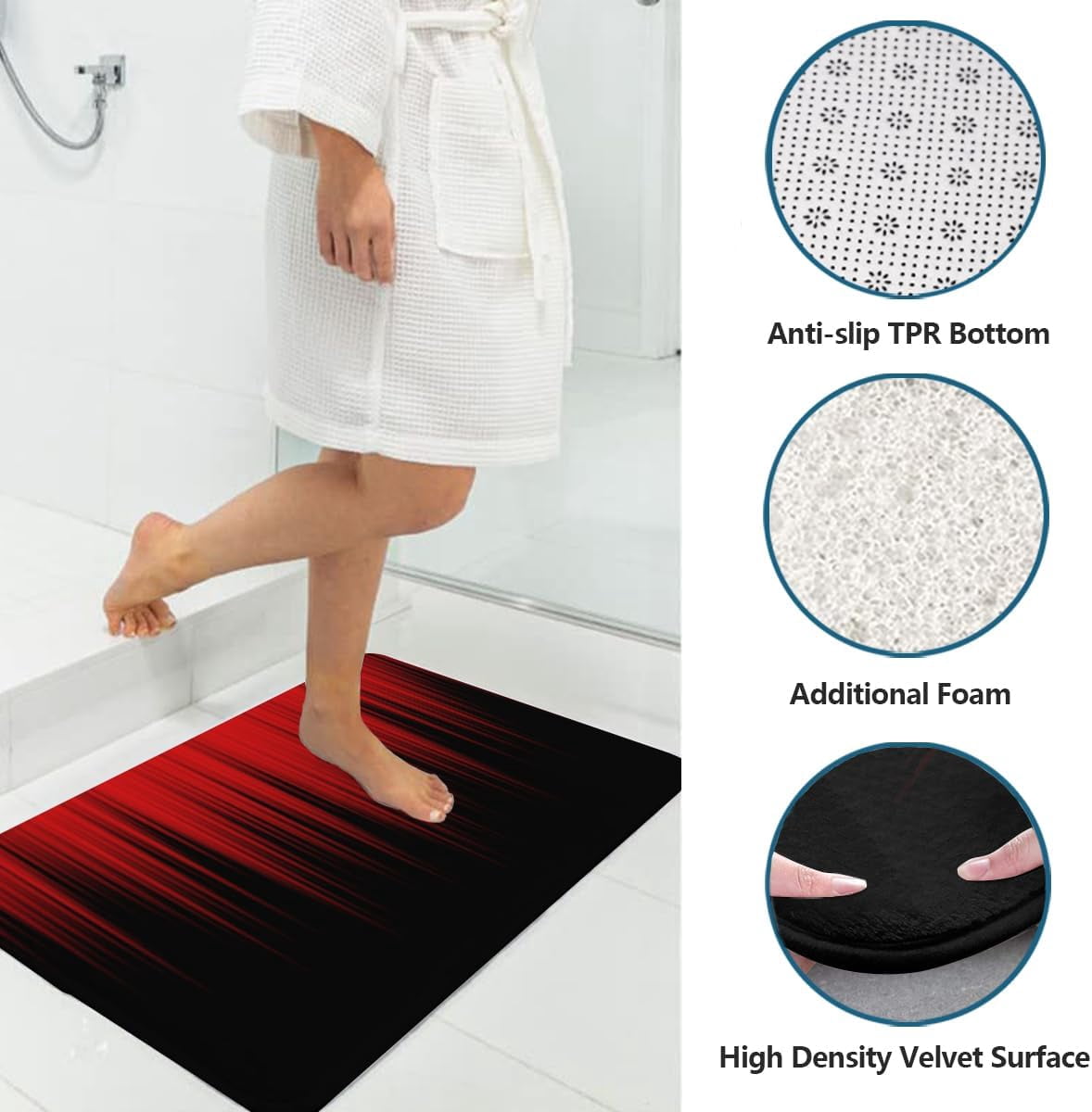 4 Piece Red and Black Shower Curtain Ombre Mens Gothic Abstract Cool Art 72Wx72L Curtains Decor with Non-Slip Rugs, Toilet Lid Cover and Bath Mat Bathroom Accessories Home Bathtub Set