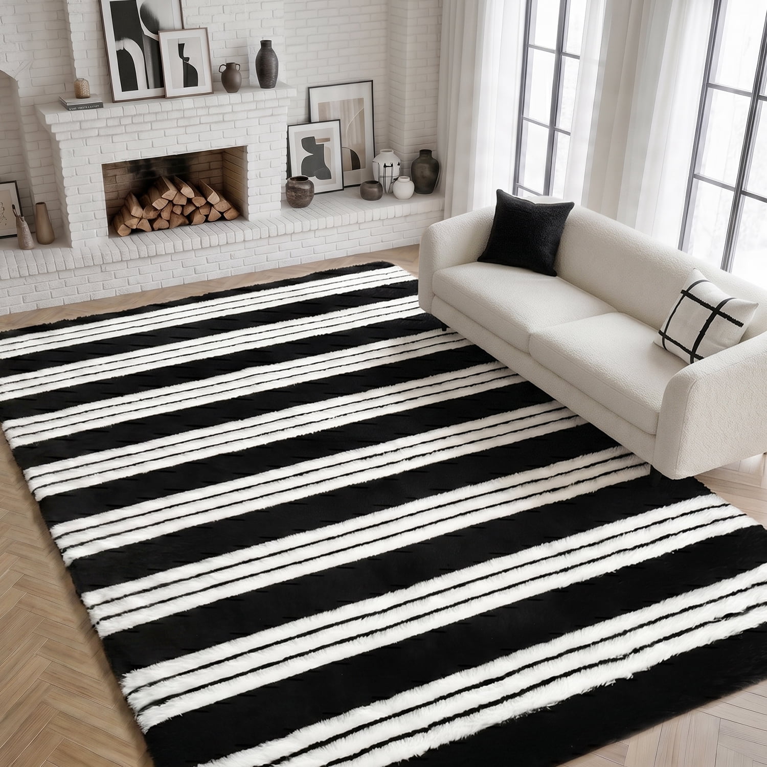 Pentantan 5ft x 8ft Shag Area Rugs for Living Room, Modern Stripe Fluffy Bedroom Carpet, Black & White