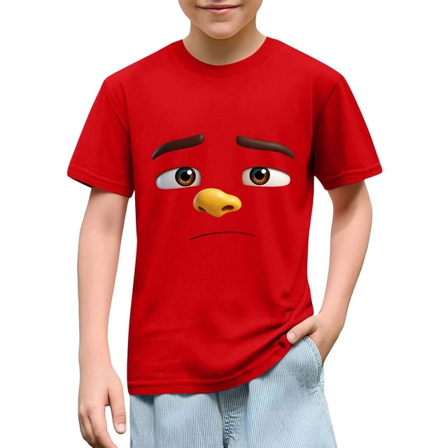 Blusas y camisas de manga corta con cuello redondo para niños y niñas, color liso, con estampado de expresión linda, manga corta, holgadas y cómodas, blusa para niña