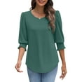 thumbnail image 6 of bbyeadc Women's 2025 Fashion T-Shirts Round Neck Puff Cuff Pleated Shirts Three Quarter Sleeve Dressy Casual Loose Basic Trendy Tops Summer Basic Business Tshirts Clothes, Dark Green S, 6 of 7