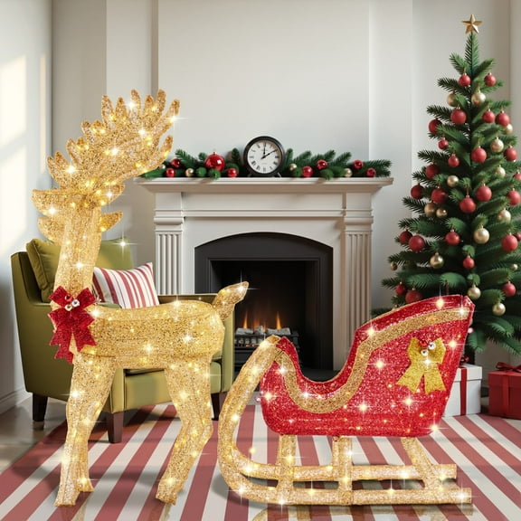 LIFERECORD 4 FT Christmas Lighted Reindeer & Santa's Sleigh, Indoor/Outdoor Xmas Pre-Lit Yard Decoration with 180 LED Lights, Stakes & Zip Ties, Festive Holiday Decoration for Lawn & Garden, Gold