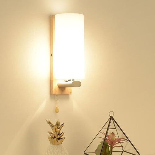 Modern Glass Wooden Wall Lamp Bedroom Sconces Light Fixture Decor &Pull Switch
