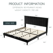 Einfach King Size Platform Bed Frame with Upholstered Velvet Vertical Headboard, Black