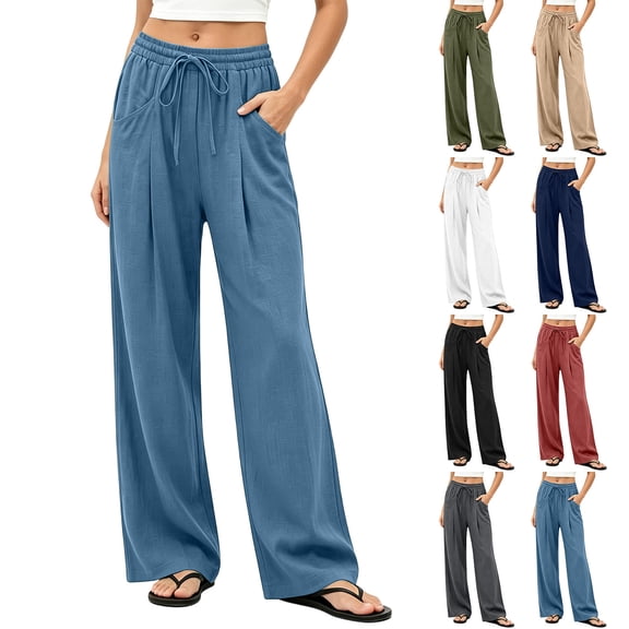 Women's Cotton Loose Casual Pants with Pockets, Mid Elastic Waist Drawstring, Solid Lightweight Soft Stretchy, Morning Lounge Beach Outdoor, Womens Trousers Long Straight Pants