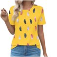 thumbnail image 2 of Women's Tshirts Short Sleeve Floral Print Tee Shirts Casual Summer Trendy Pleated Crewneck Dressy Tunic Tops (L, Yellow), 2 of 5