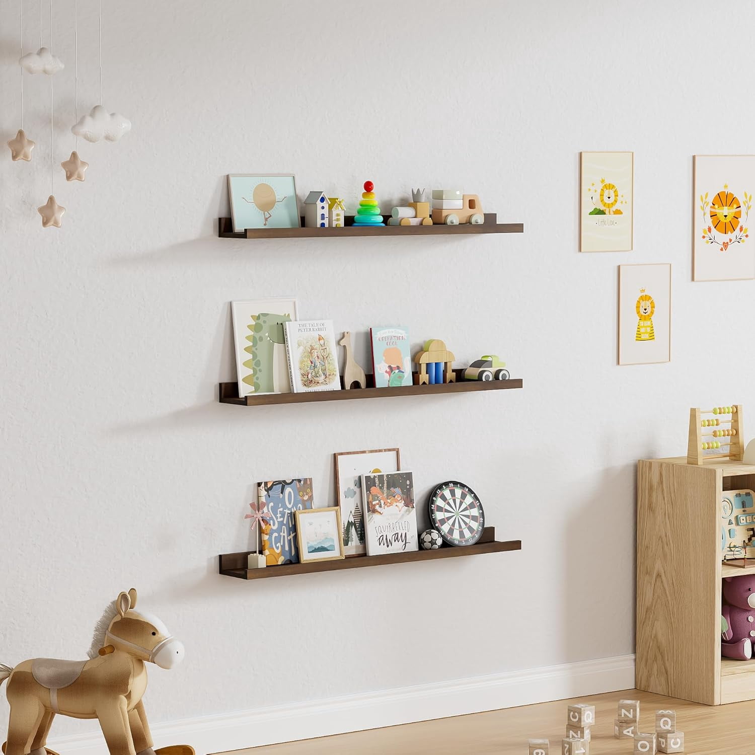 Floating Shelves for Wall, 36 inch Solid Wood Picture Ledge Shelf, Picture Shelf for Wall with Ledge, Floating Book Shelves for Living Room Bedroom Kitchen Nursery Decor, Walnut, Set of 2