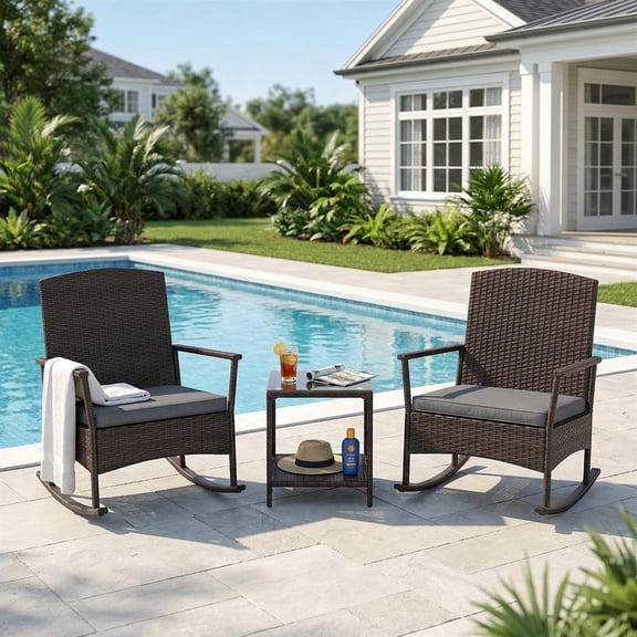Topcobee 3 Piece Patio Rocking Set Wicker Rocking Chairs with 2-Tier Coffee Table, Patio Furniture Set for Outdoor, Comfort-Gray