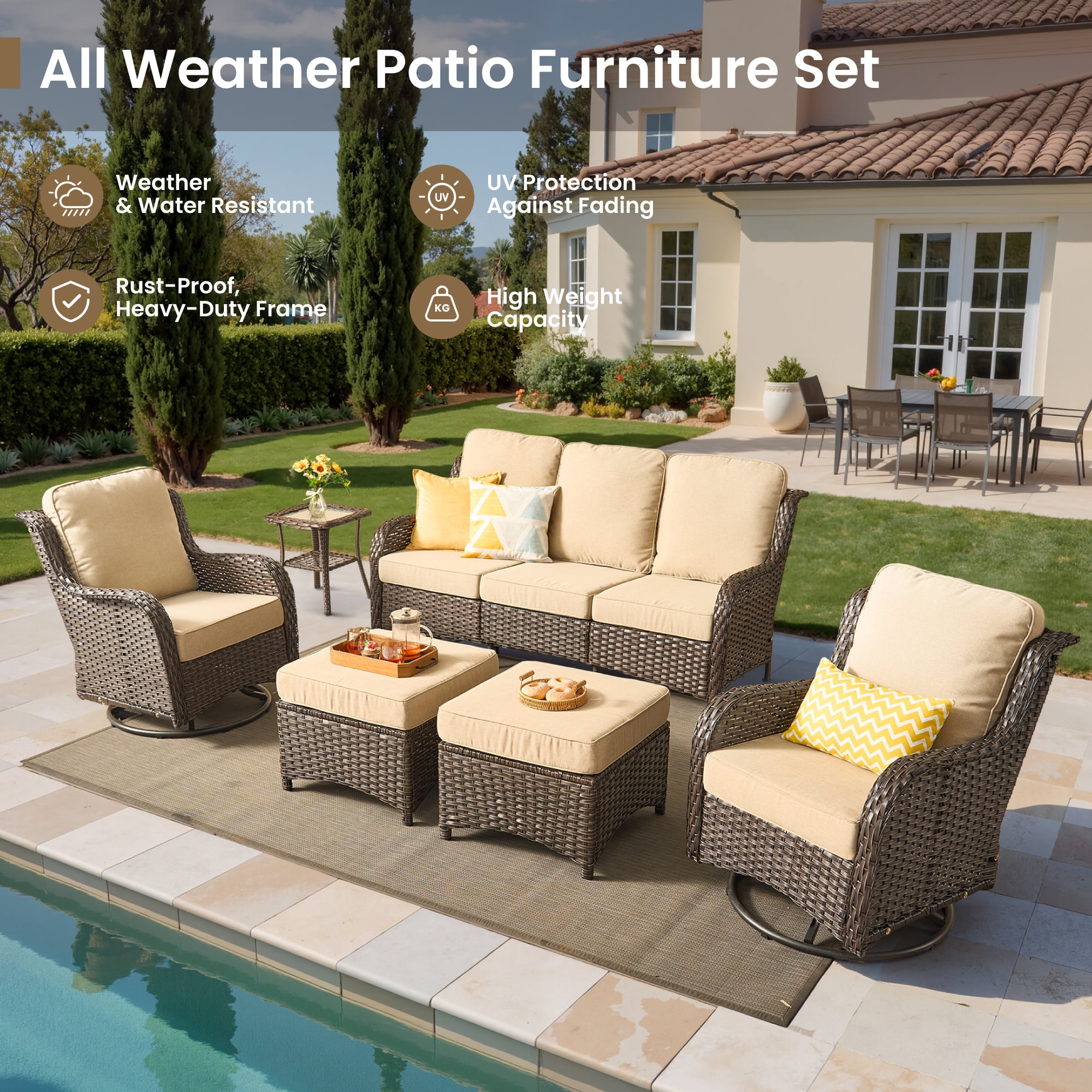 Vcatnet 6 Pieces Outdoor Patio Furniture Wicker High-Back Conversation Set with Swivel Rocking Chairs and Ottoman, Beige