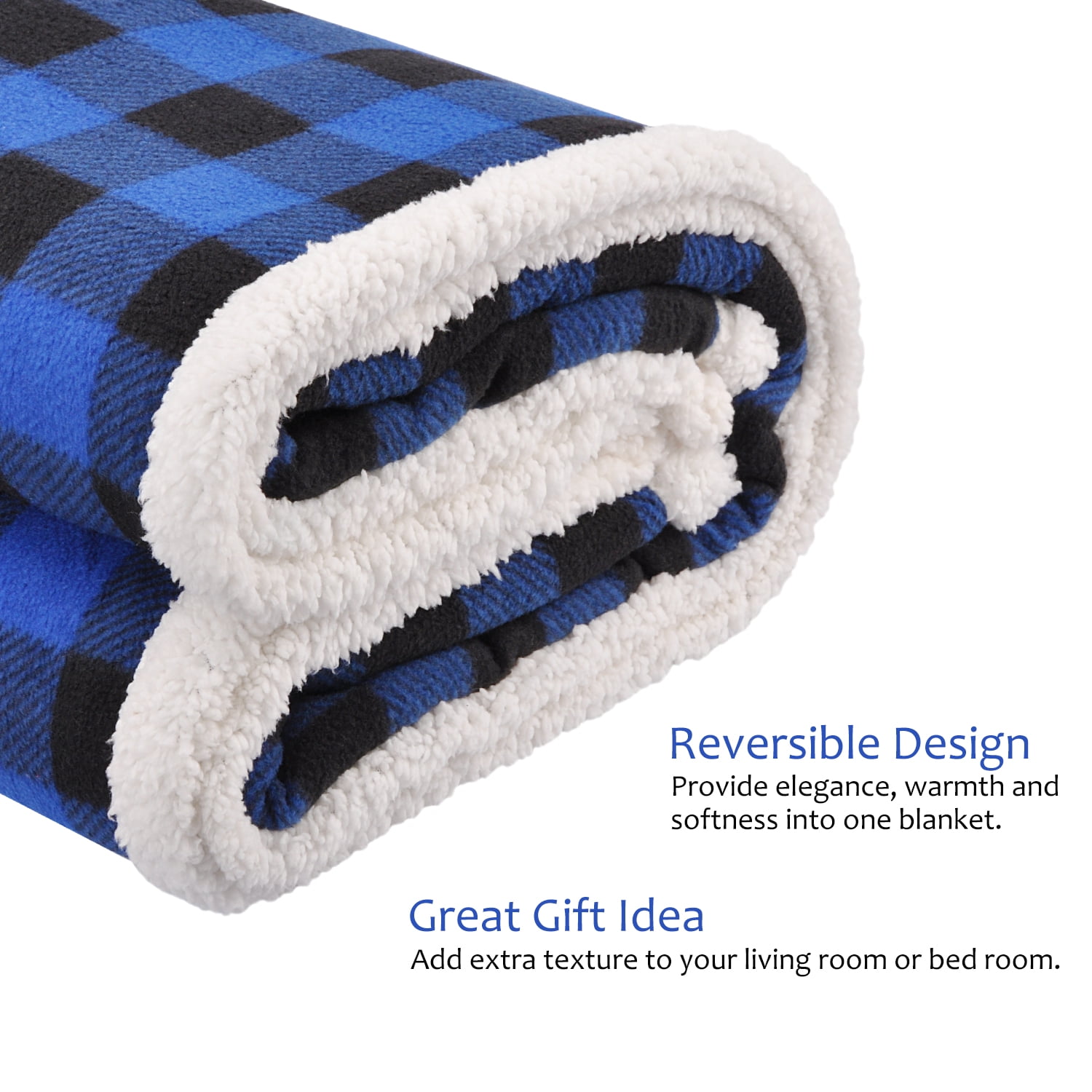 Catalonia Buffalo Plaid Sherpa Throw Blanket, Super Soft Reversible Fleece Blanket for Cabin Bed or Couch, Blue Plaid, 50"" x 60"".