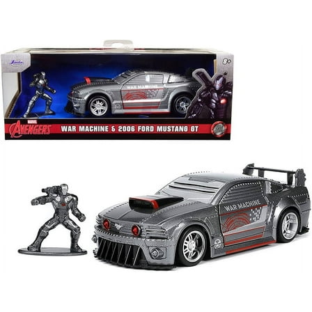 2006 Ford Mustang GT Gray Metallic and War Machine Diecast Figurine Avengers Marvel Series Hollywood Rides Series 1/32 Diecast Model Car by Jada