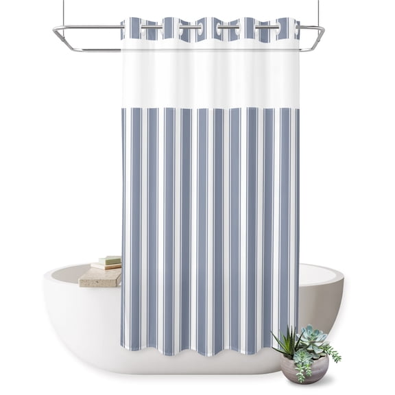 No Hook Shower Curtain, Blue Striped Shower Curtains for Bathroom with See Through Top Window, Farmhouse Vertical Stripes Waterproof & Washable Bath Curtain Narrow 54"x78"