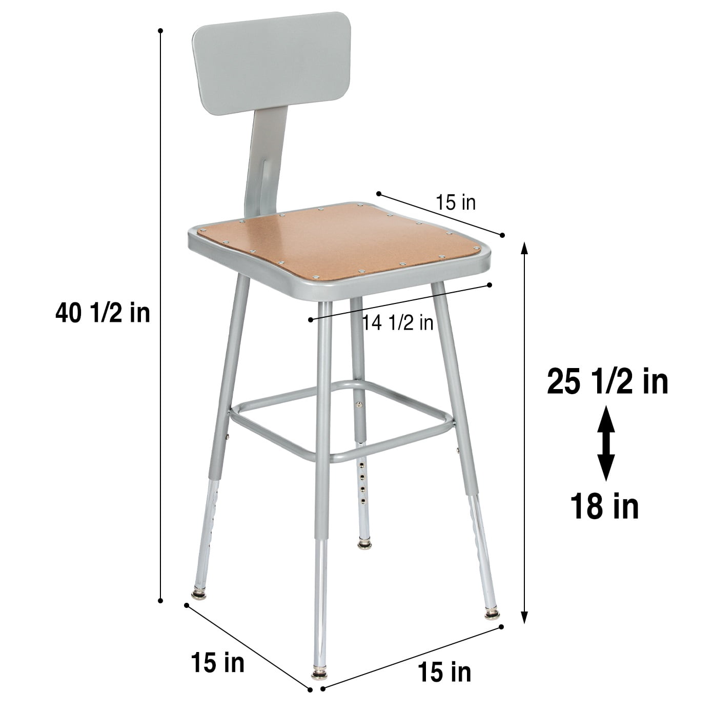 Hampden Furnishings Clint 19-27" Adjustable Steel Science Stool with Backrest, Grey, 2 Pk