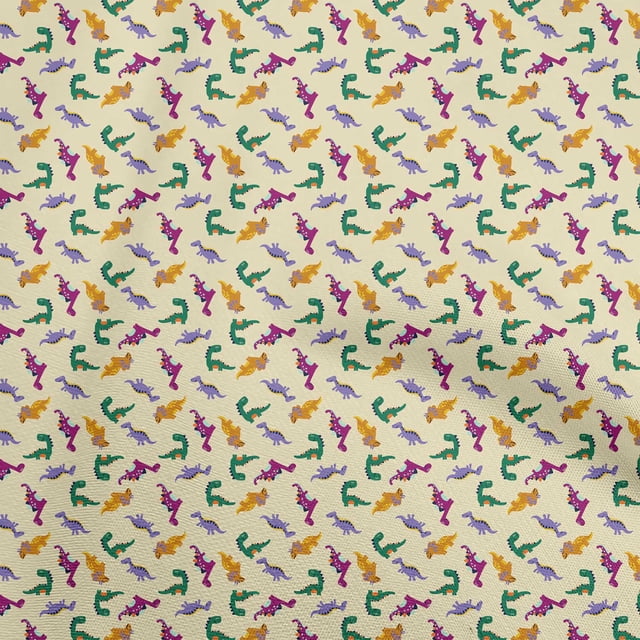 oneOone Silk Tabby Light Yellow Fabric Colorful Dinosaur Cartoon Craft Projects Decor Fabric Printed By The Yard 42 Inch Wide