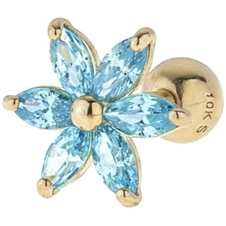 Faceted Citrine Flower 10kt Solid Yellow Gold Cartilage Earring In A Flower Design With 4mm Blue Topaz Cz ()