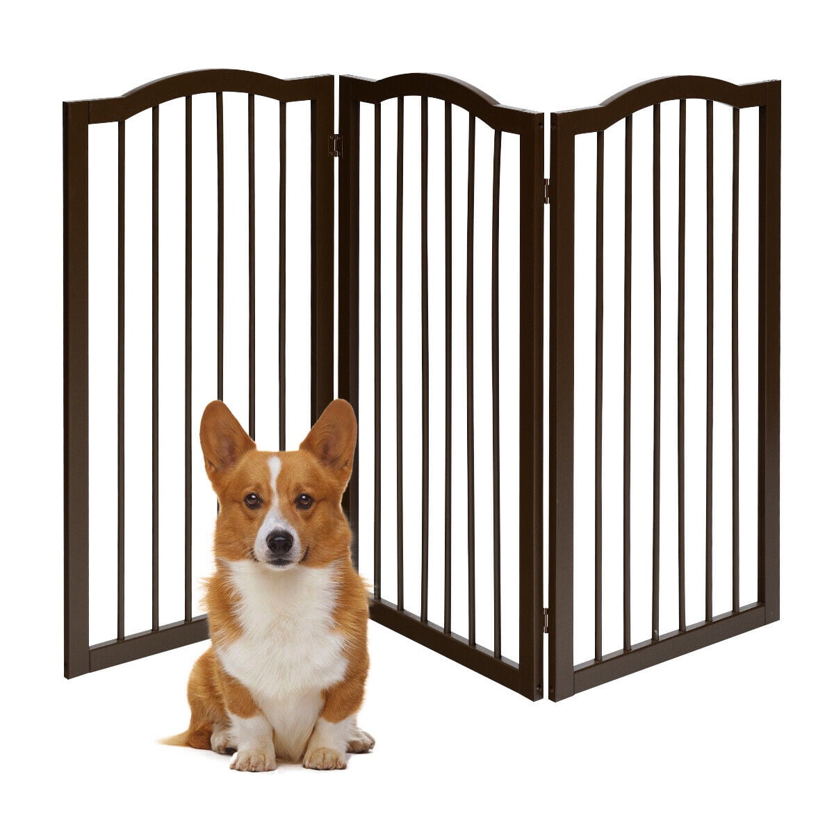 3-Panel Wooden Freestanding Pet Gate 36" High w/ Arched Top for Dog Cat