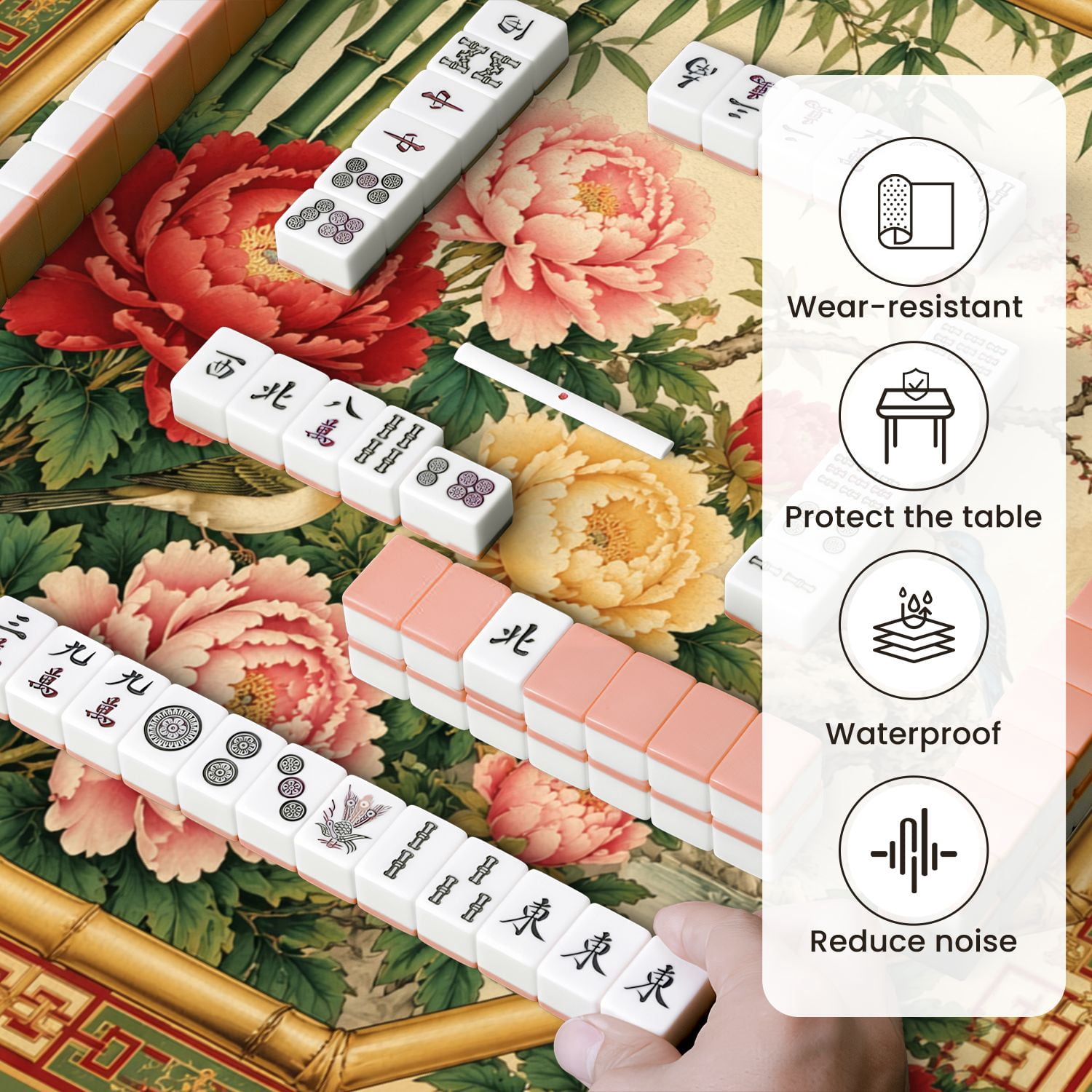 Mahjong Mat 31.5" x 31.5" Floral Bird Vintage Bamboo Peony Flowers Non-Slip Noise Reduction Mahjong Tiles Table Cover for Dominoes Poker Card Board and Tile Games