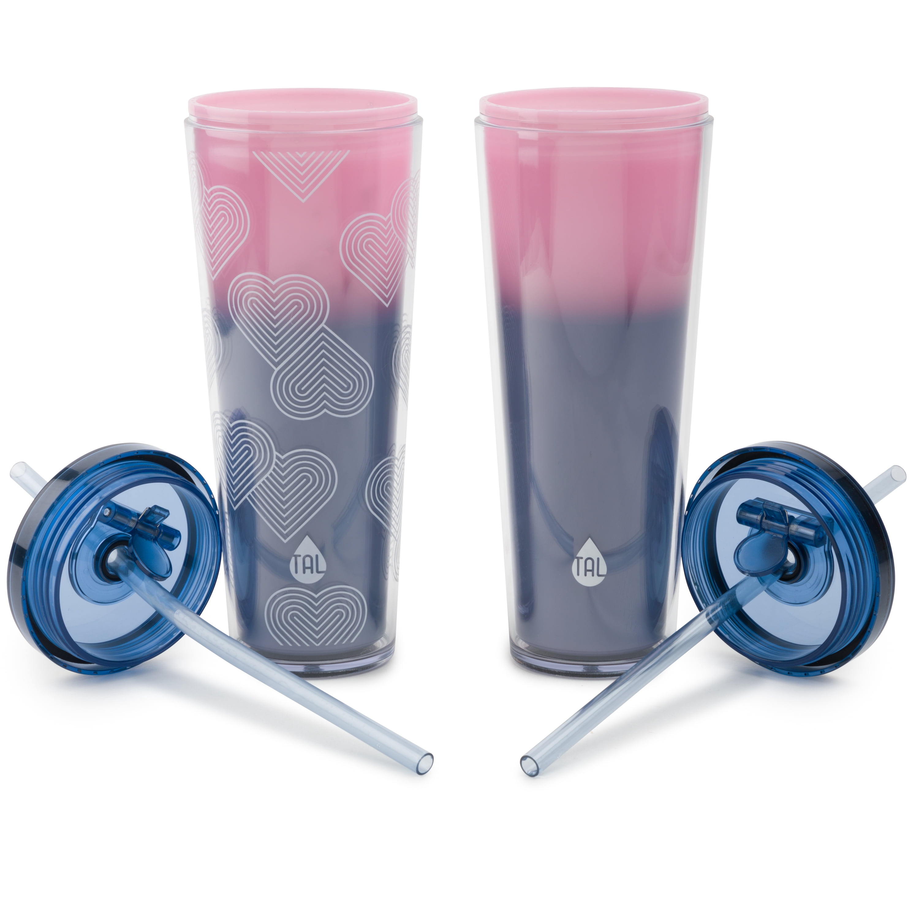 TAL Double Walled Color Changing Tumblers 2 Pack, 24 fl oz, Heart Pink
