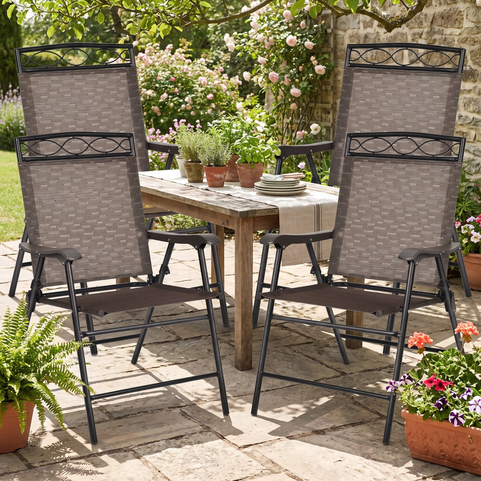 Furnibear Patio Folding Chairs Set of 4, Steel Frame, Black, 250 lbs Capacity per Chair, Weather-Resistant Outdoor Furniture