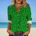 thumbnail image 2 of Camisas de cuello de la tripulación de manga corta para las mujeres impresas de la blusa de la apariencia del lino con el cuello girado hacia abajo botón mangas de manguito Top de verano casual, 2 of 6