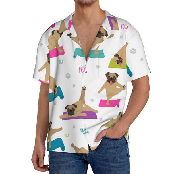 Balery Yoga Dogs Poses Camisa Casual de Manga Corta con Botones para Hombre, Texturizada, Estilo Cubano, para Playa, Verano-Small