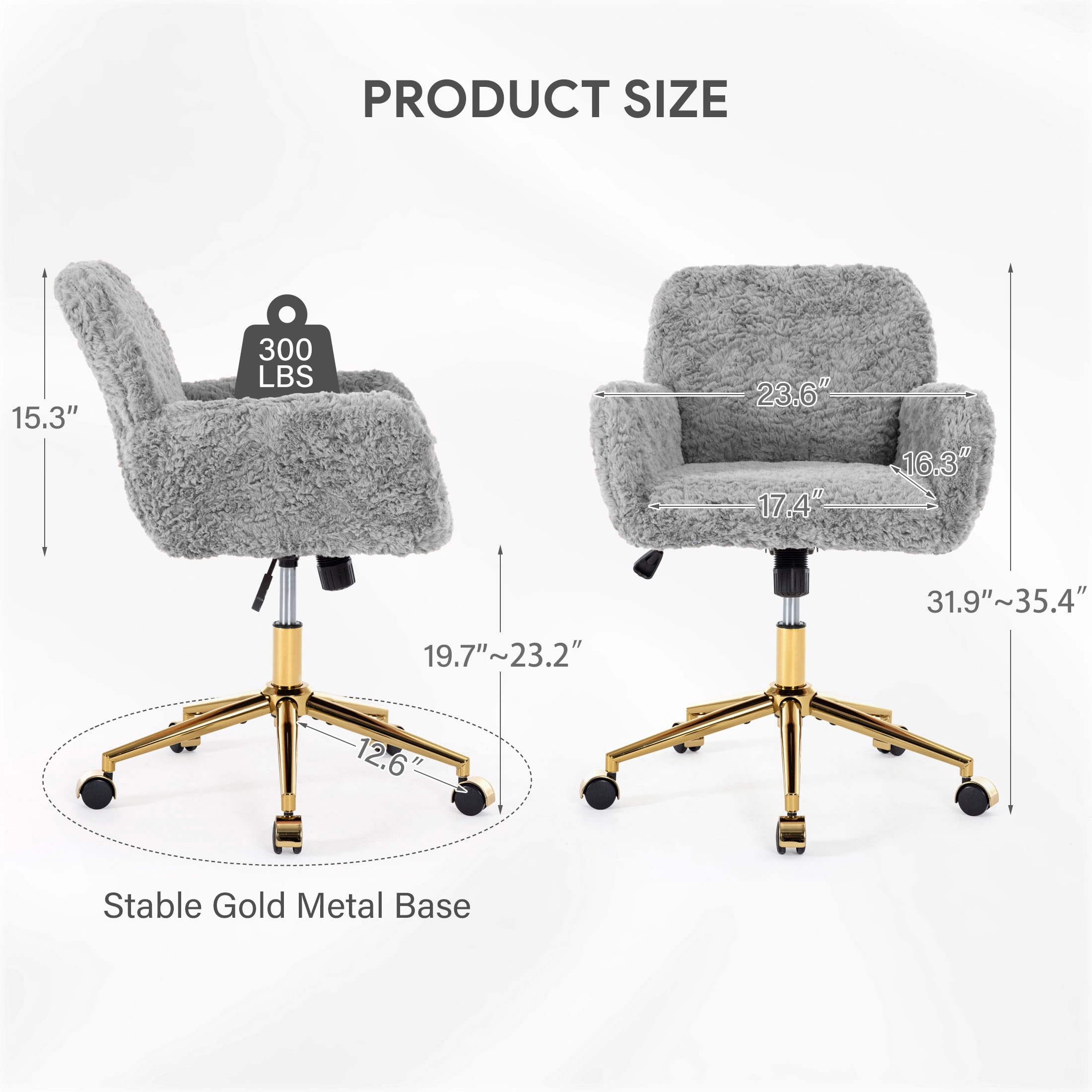 PAPROOS Vanity Chair with Back, Adjustable Swivel Makeup Desk Chair with Wheels and Arms, Fluffy Home Office Task Chair with Artificial Rabbit Hair for Bedroom, Dorm, Study Room, Gray