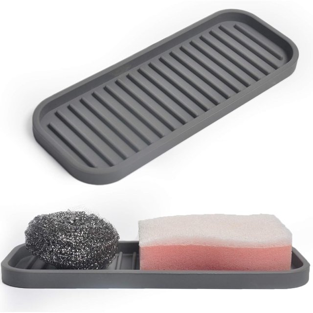 Soporte de esponja de silicona, bandeja organizadora para fregadero de cocina, dispensador de jabón, soporte para cuchara para fregar (paquete de 2)