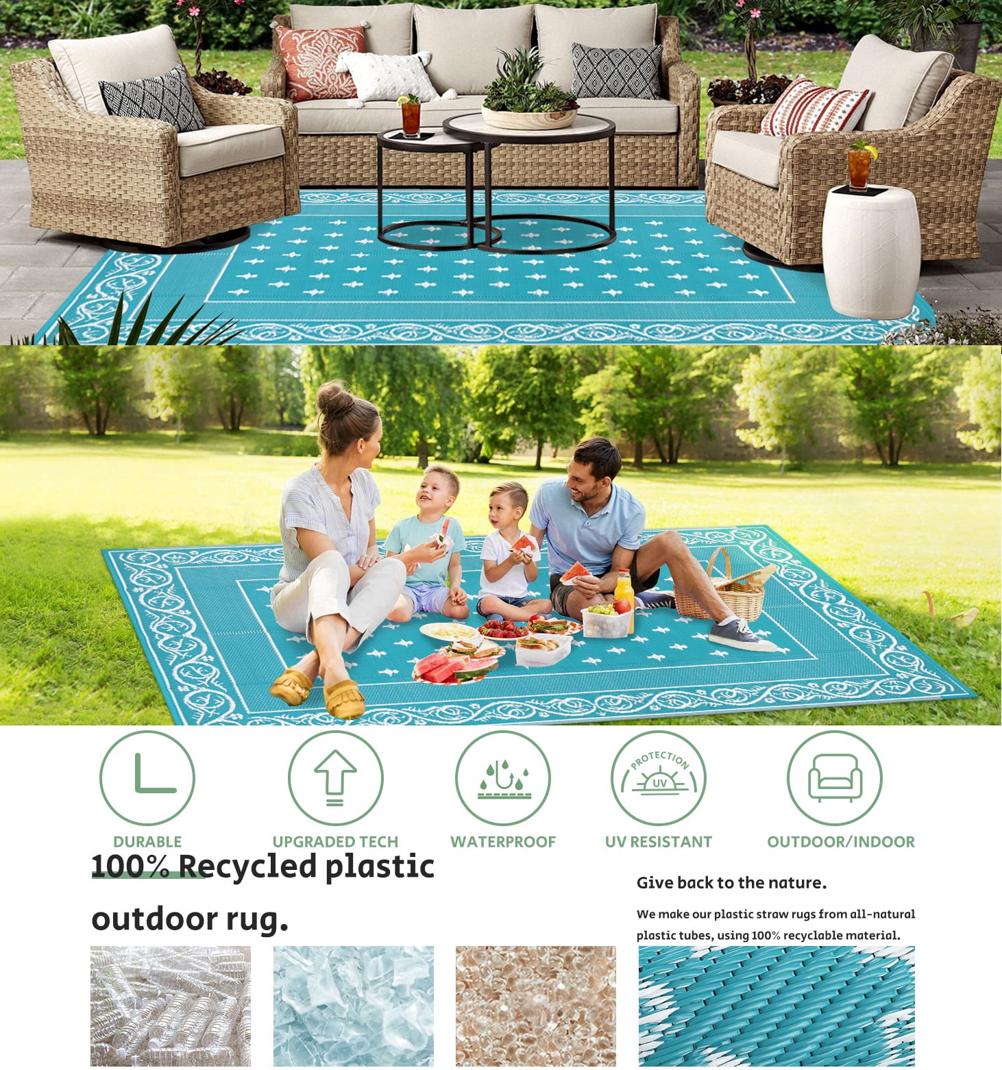 Findosom 8'x10' Teal Large Outdoor Rug Outdoor Mat RV Outdoor Rug Reversible Plastic Straw Rug Patio Rug Waterproof Foldable Portable Camping Rug for RV, Patio, Backyard, Deck, Picnic, Beach, Trailer